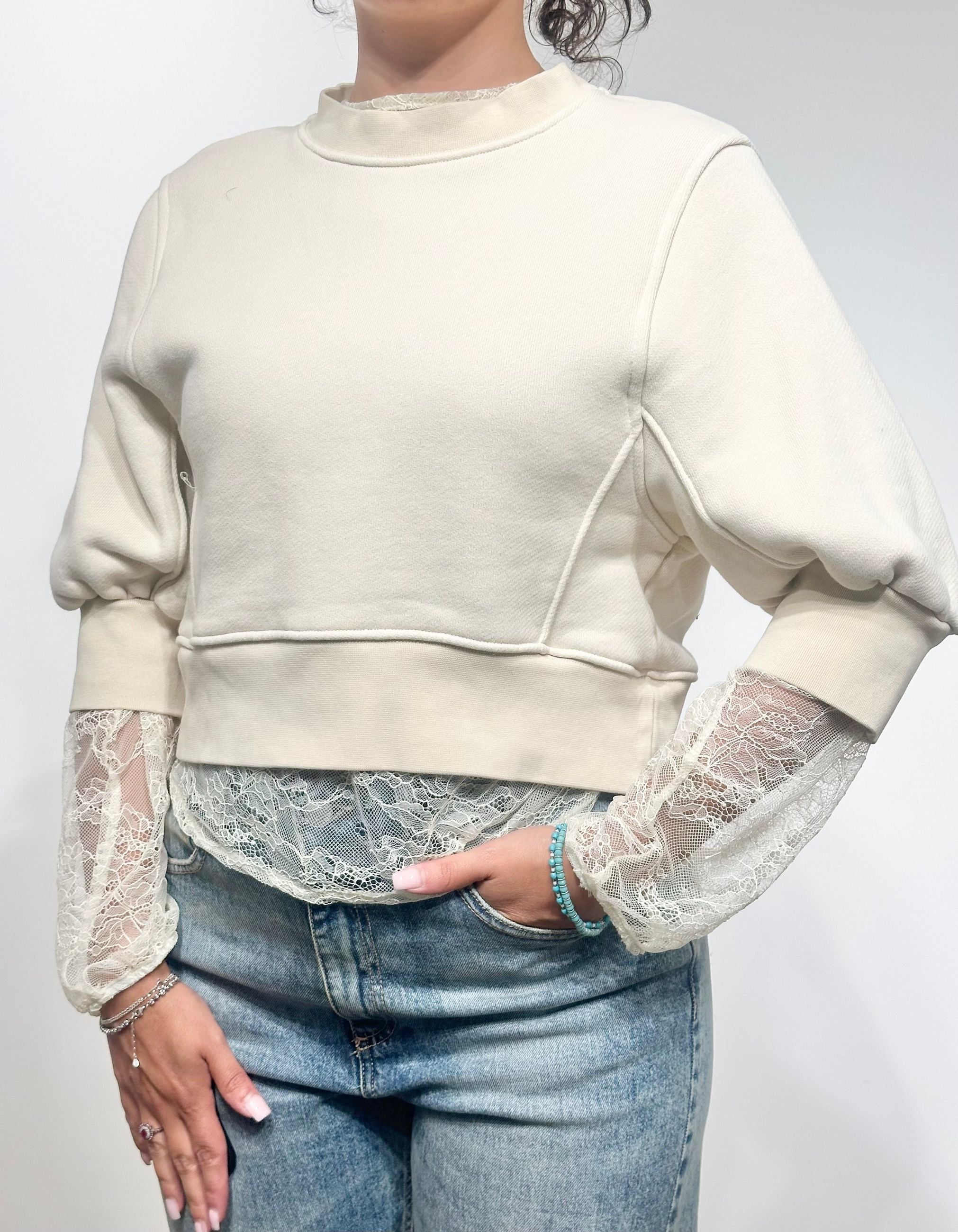 Haveone Felpa con Dettagli in Pizzo Beige