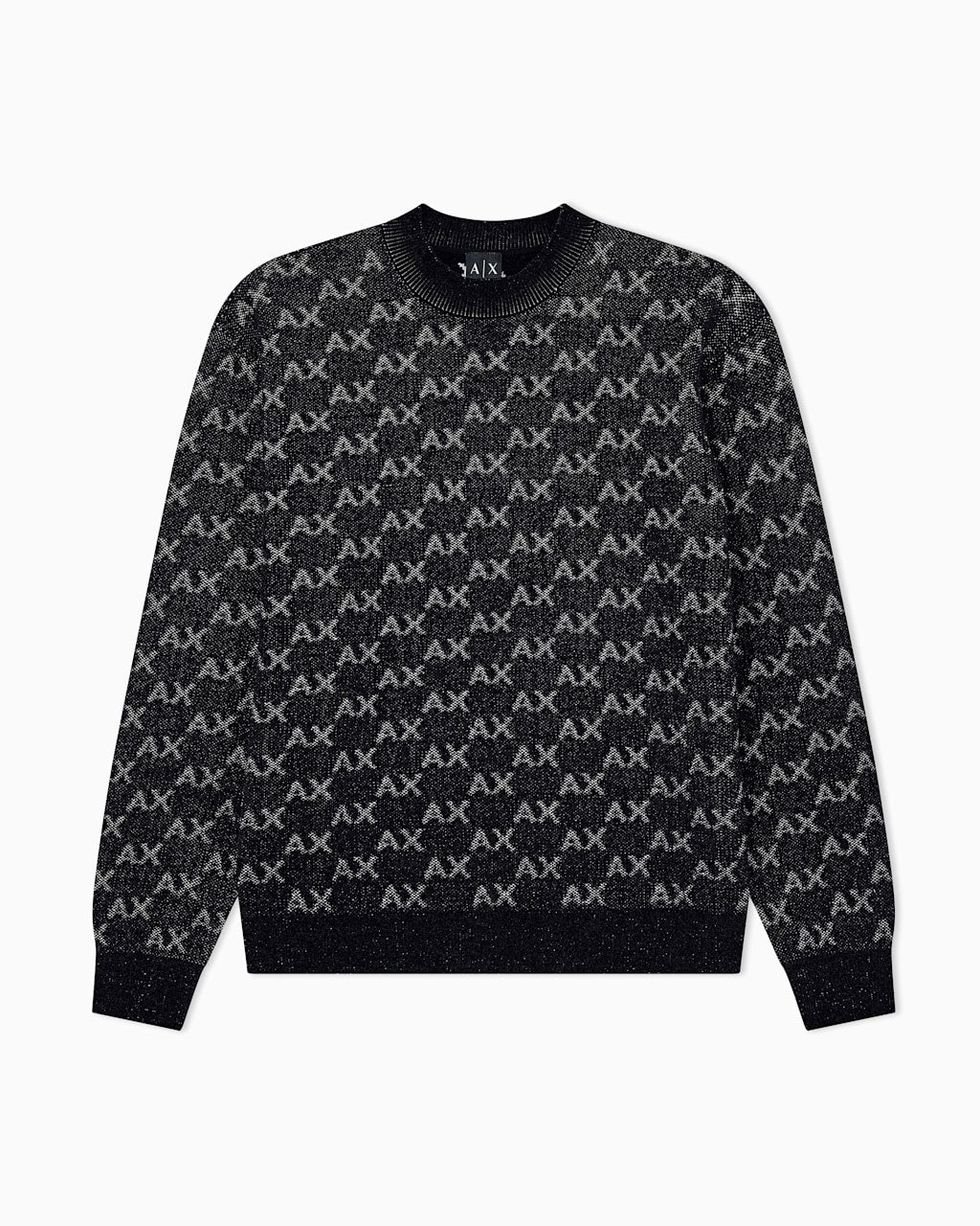 Armani Exchange Pullover Girocollo con Logo All Over e Bordi a Costine Nero