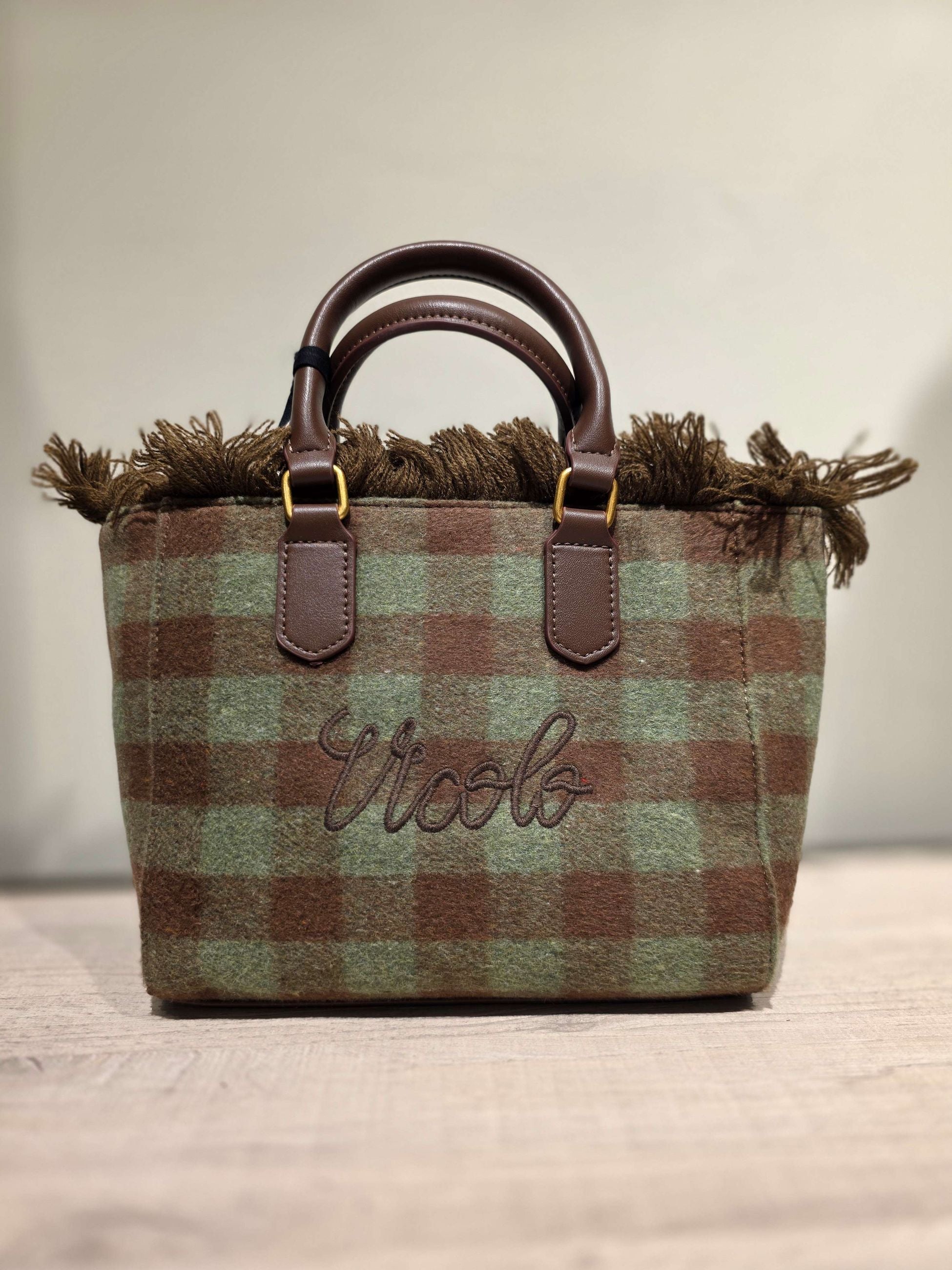 Vicolo Borsa Vanity Medium a Quadri con Frange Menta