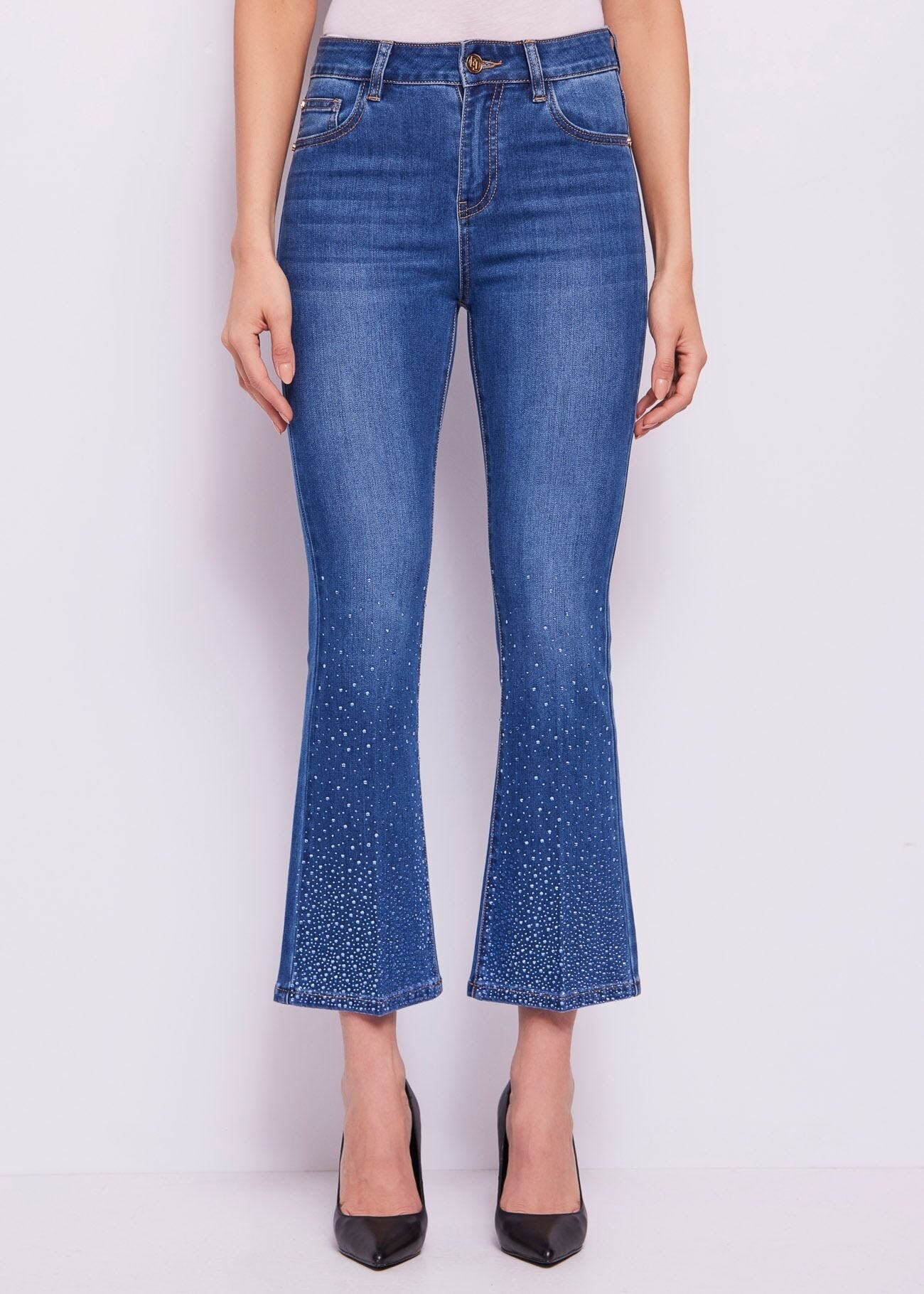Gaud Jeans flare cropped in cotone used impreziositi con strass Blu