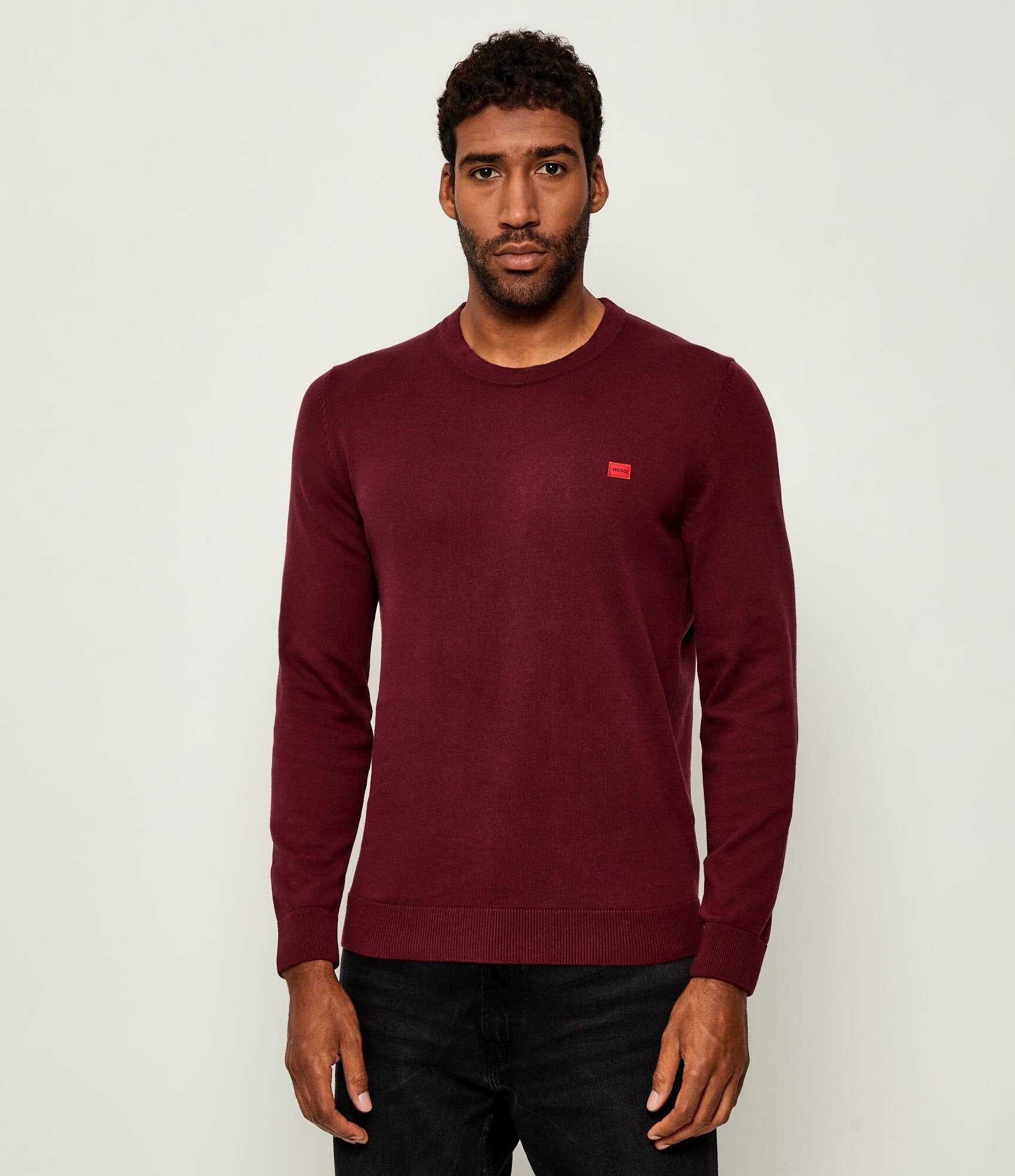 HUGO Maglia Maglione in Cotone con Etichetta con Logo Rossa