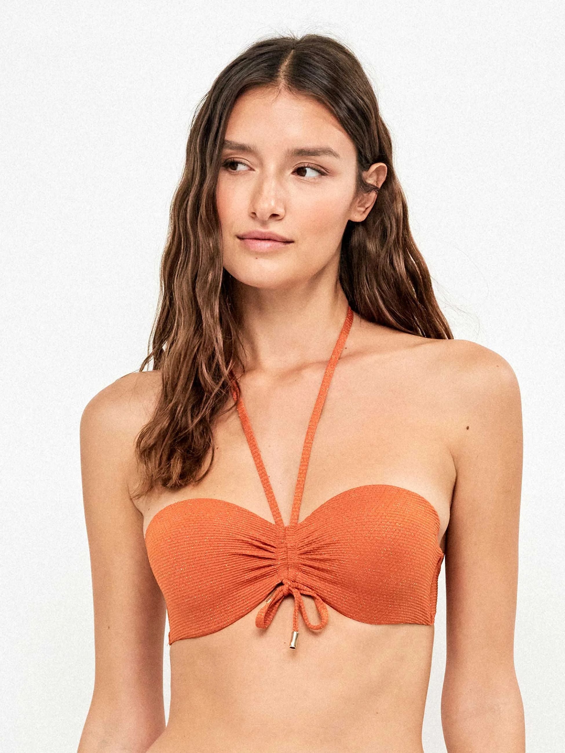 Gisela Top Bikini Bandeau Removibile in Piqué Lurex Dorato Arancione