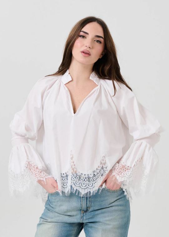 Haveone Blusa con Colletto Arricciato Bianco
