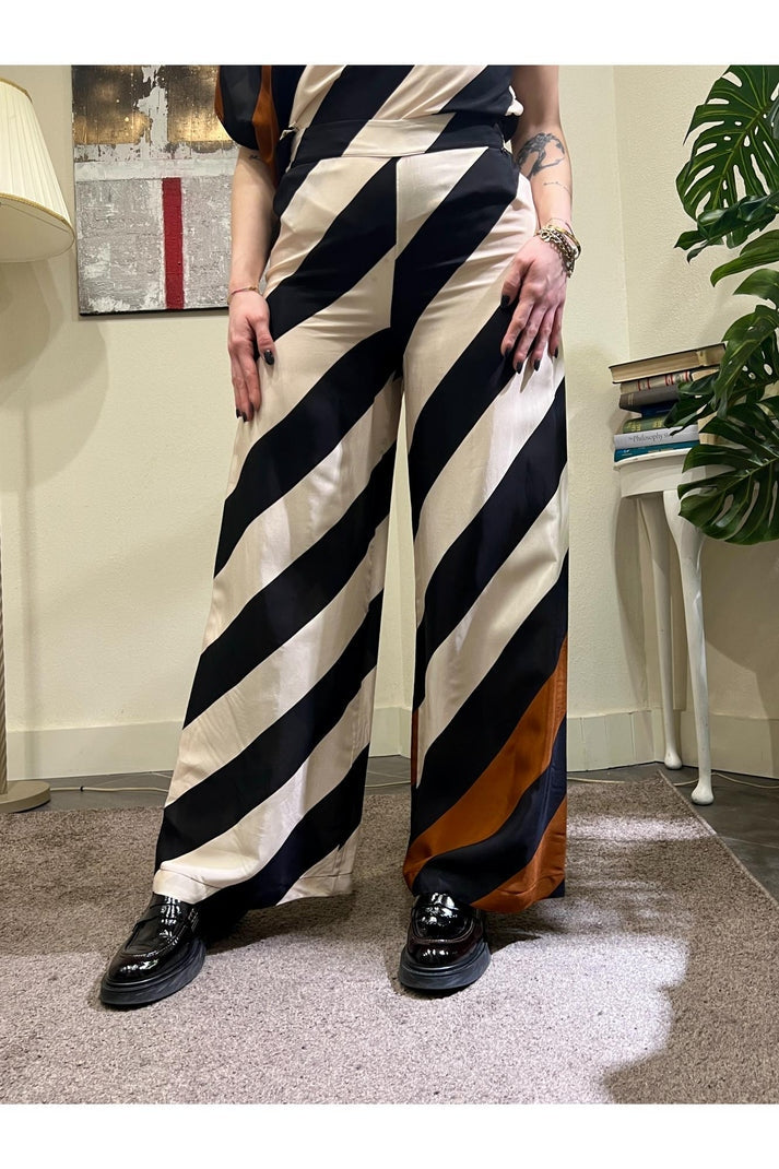 DIXIE Pantaloni Palazzo con Maxi Righe Diagonali Beige Nero