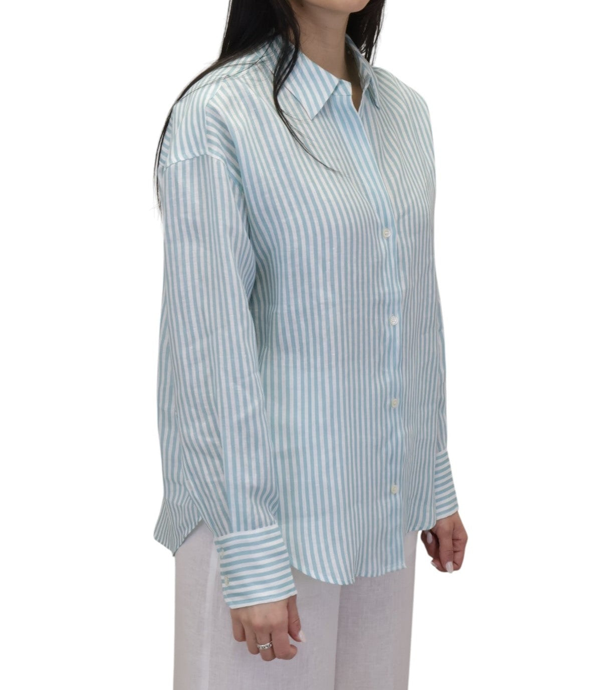 MC2 SAINT BARTH Camicia Meredith in Cotone a righe con Ricamo Saint Barth Verde Bianco