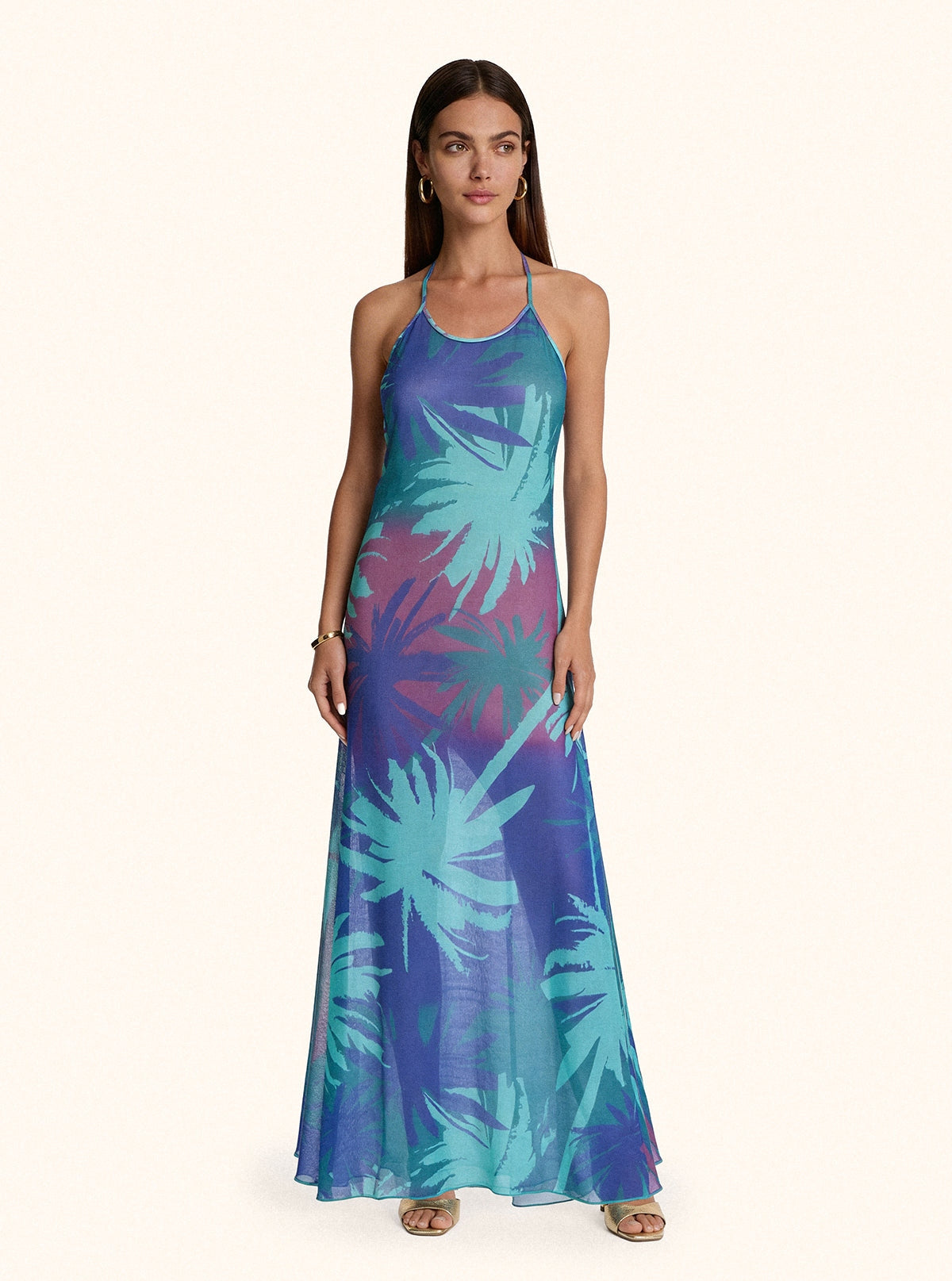 Me fui Vestito lungo in Maglina con Stampa Tropicale  Azzurro Blù