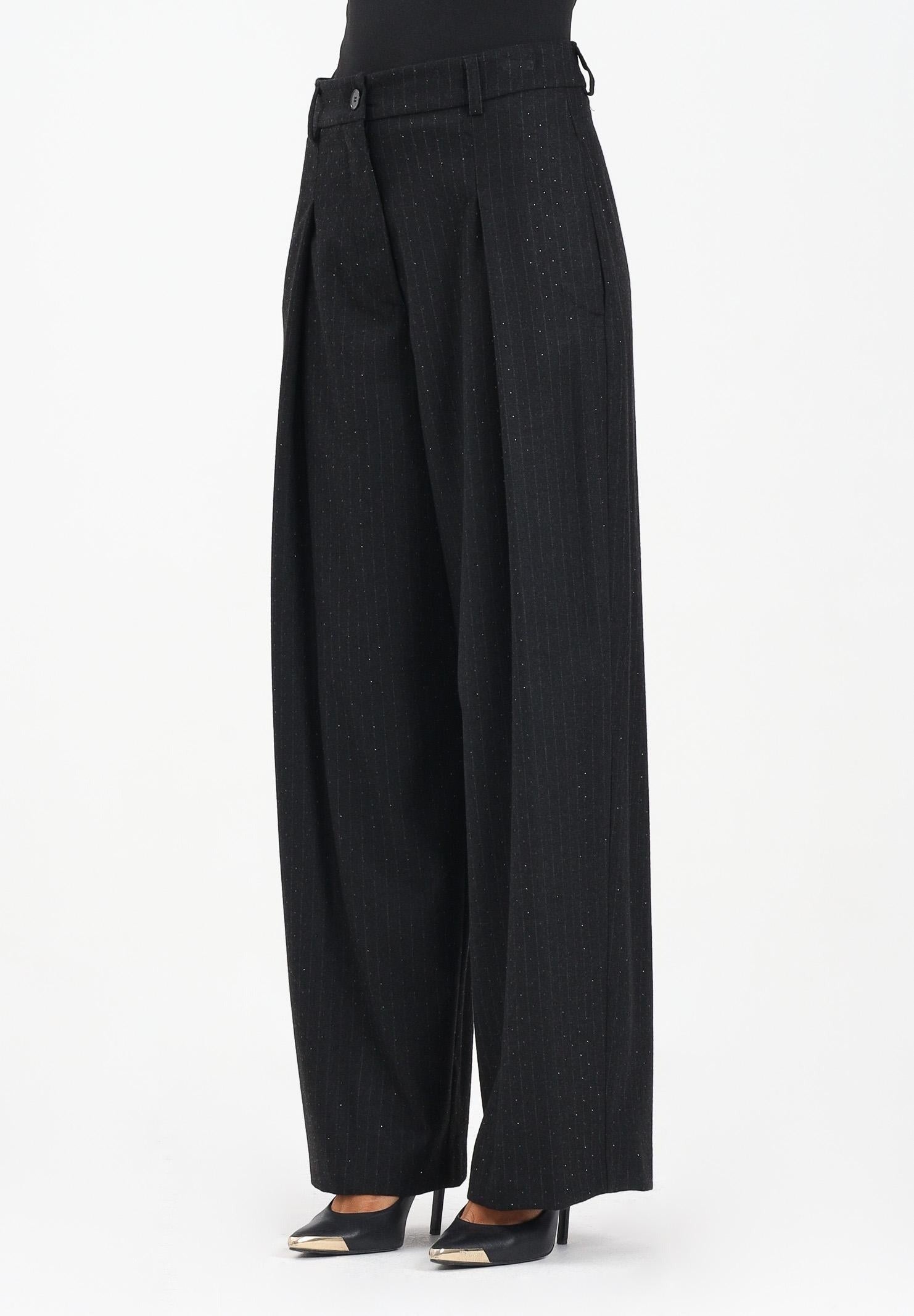 VICOLO Pantalone Elegante con Motivo Gessato e Strass Nero