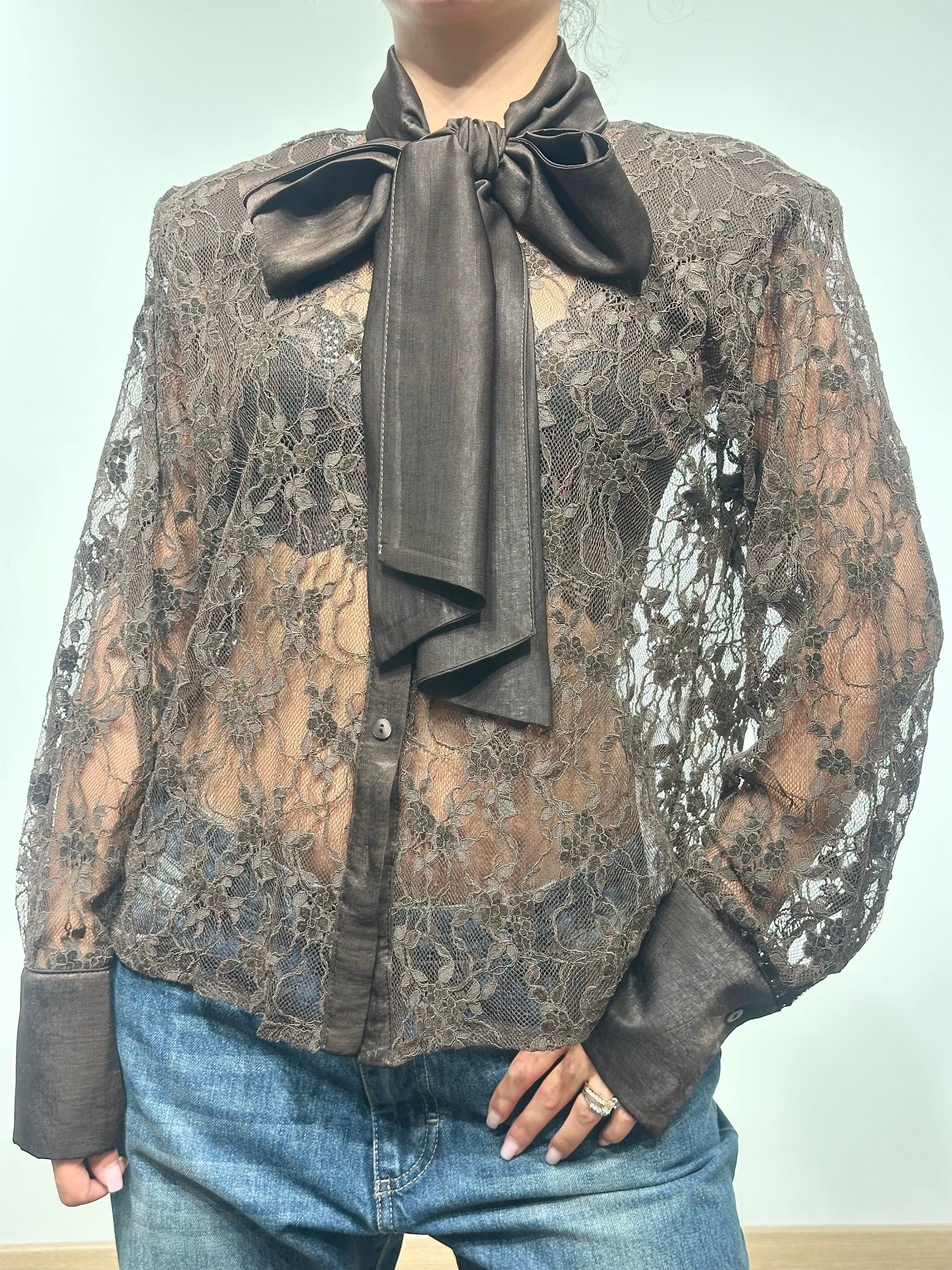 Haveone Camicia in Pizzo e Velluto