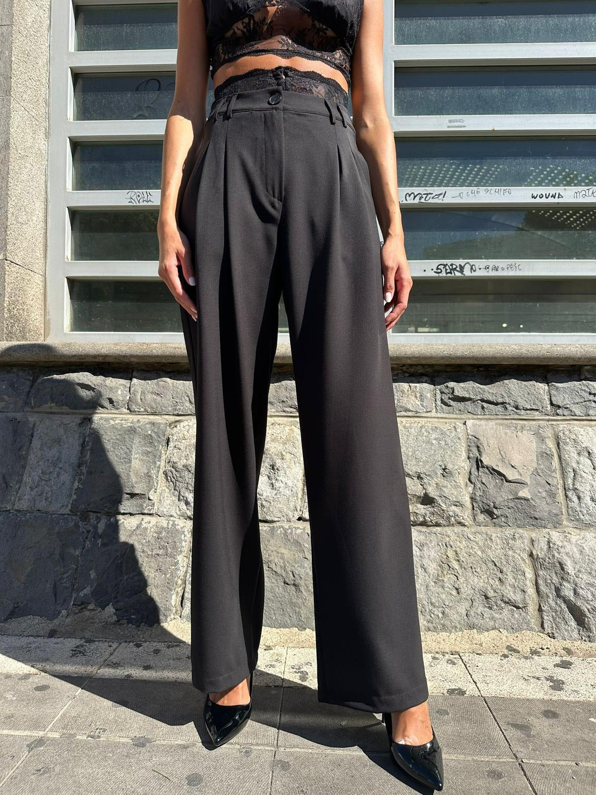 Haveone Pantalone Palazzo Modello Coco con Busto in Pizzo Nero