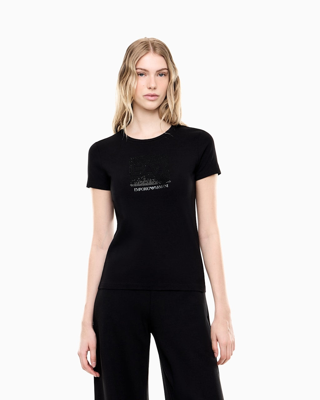 Armani EA7 T-shirt Logo Series Slim Fit in Cotone con Strass  Nero