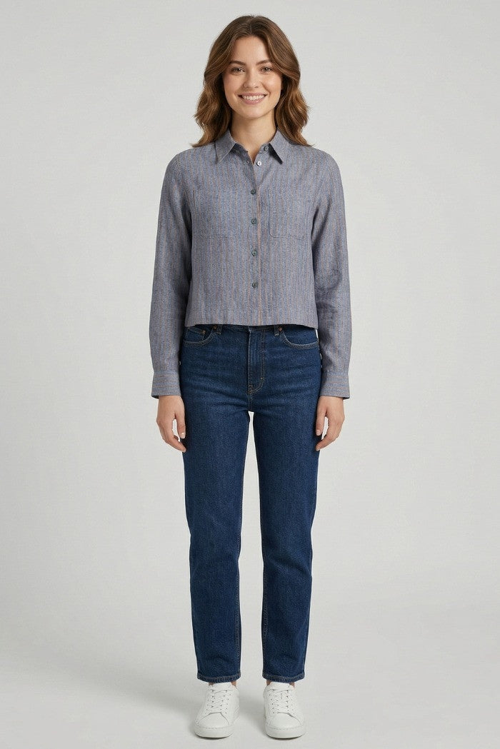Markup Camicia Rigata in Misto Viscosa e Lino Righe Celeste Beige
