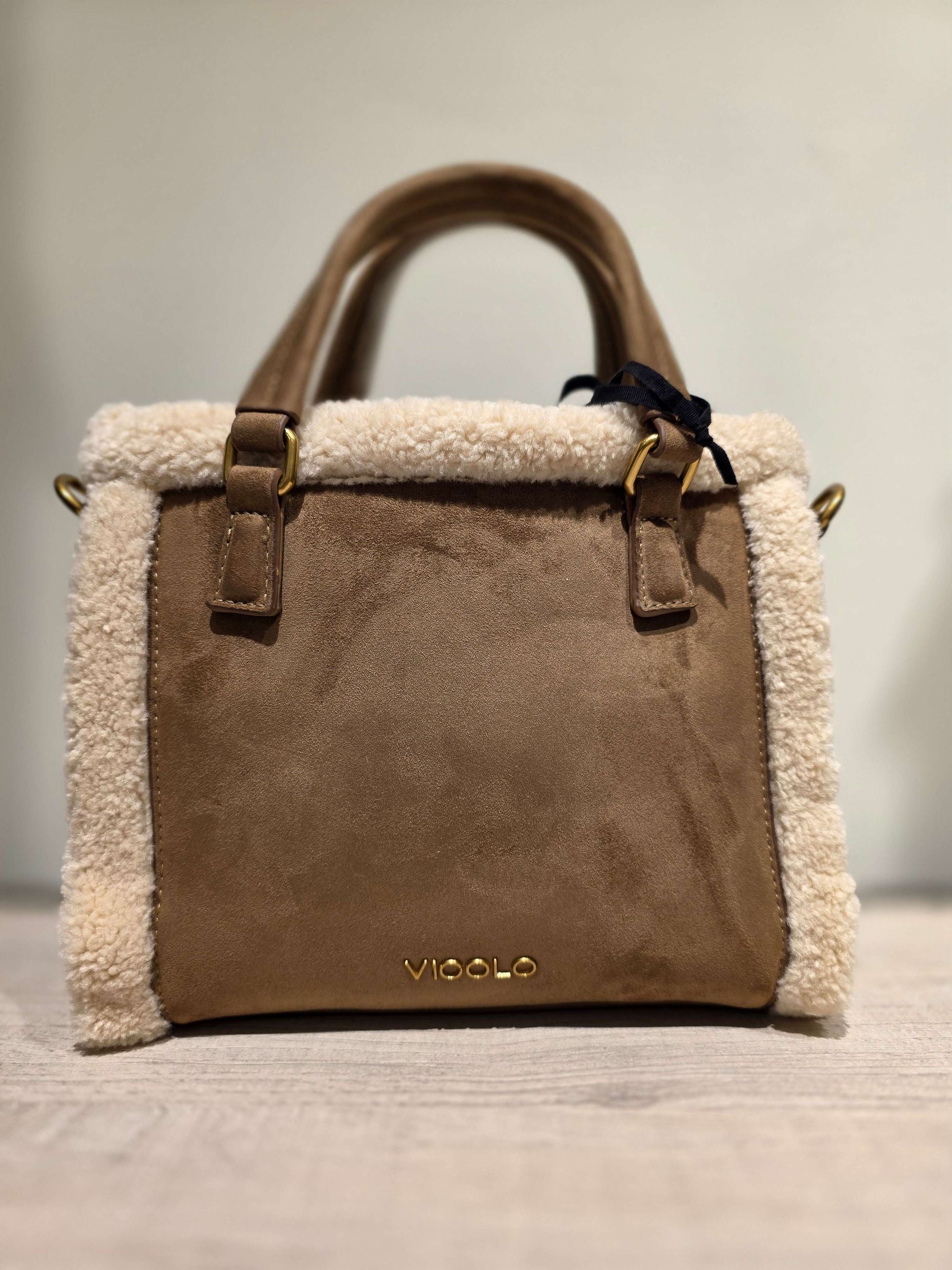 Vicolo Borsa Vanity Small in Camoscio con Profili Shearling Marrone