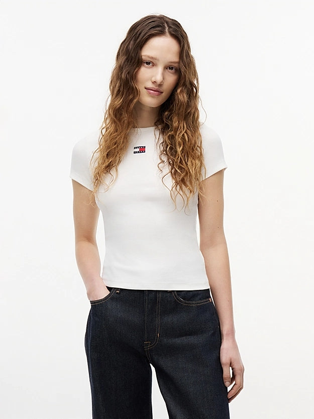 Tommy Jeans T-shirt Slim Fit a Coste con Distintivo Tommy Bianco
