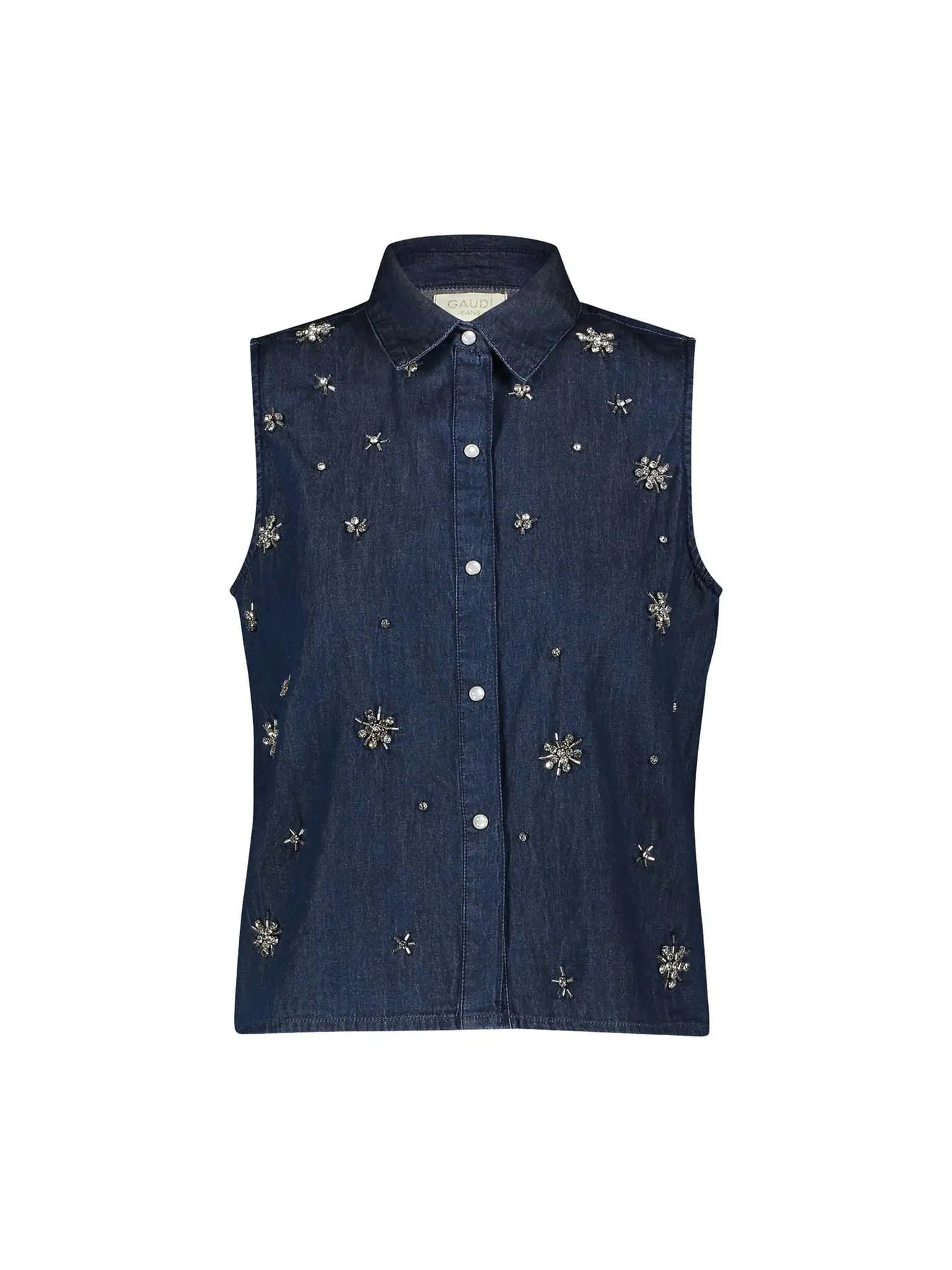 Gaudi Jeans Camicia Smanicata in Denim con Applicazioni Gioiello All-over Blu