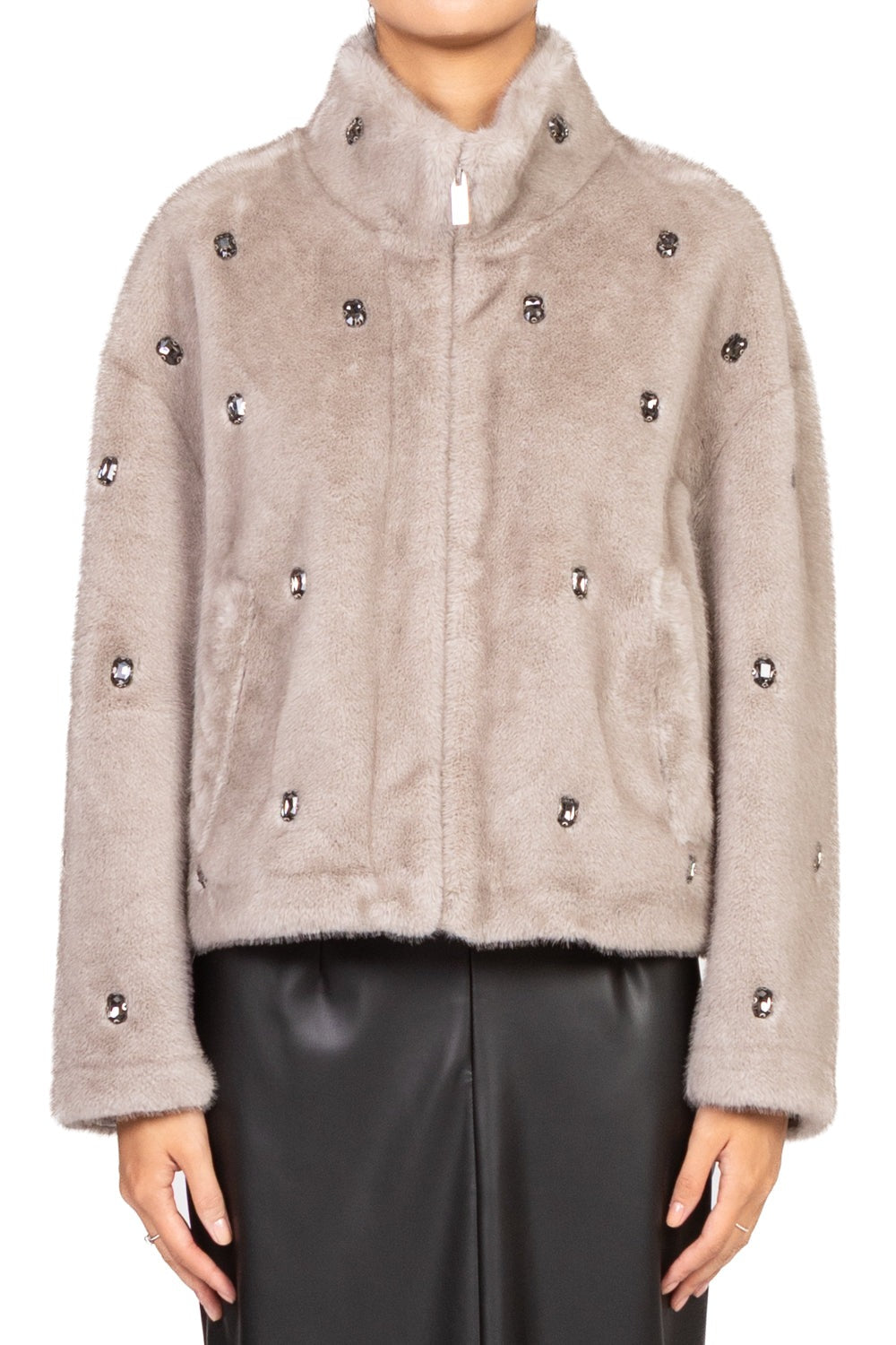 Vicolo Giacca Pelliccia Corta con Applicazioni Grigio