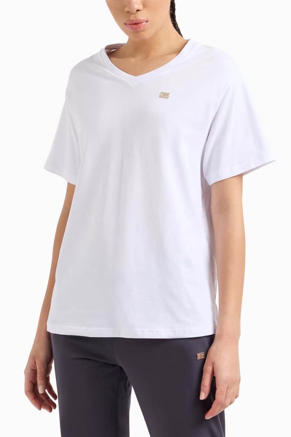 Armani EA7 T-shirt con Scollo a V Core Lady in Jersey di Cotone Stretch