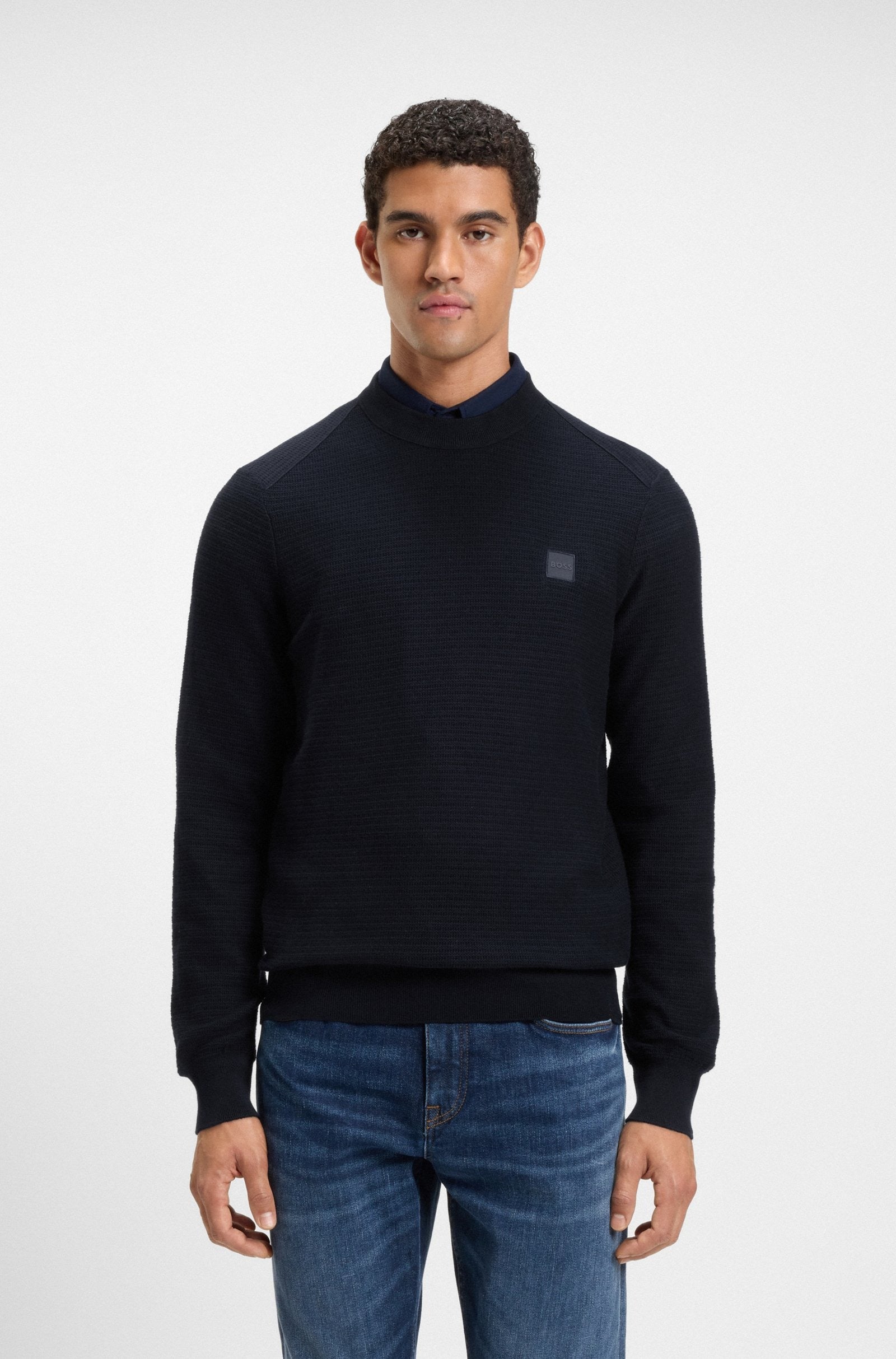 Boss Maglione Strutturato in Cotone e Cashmere con Toppa con Logo