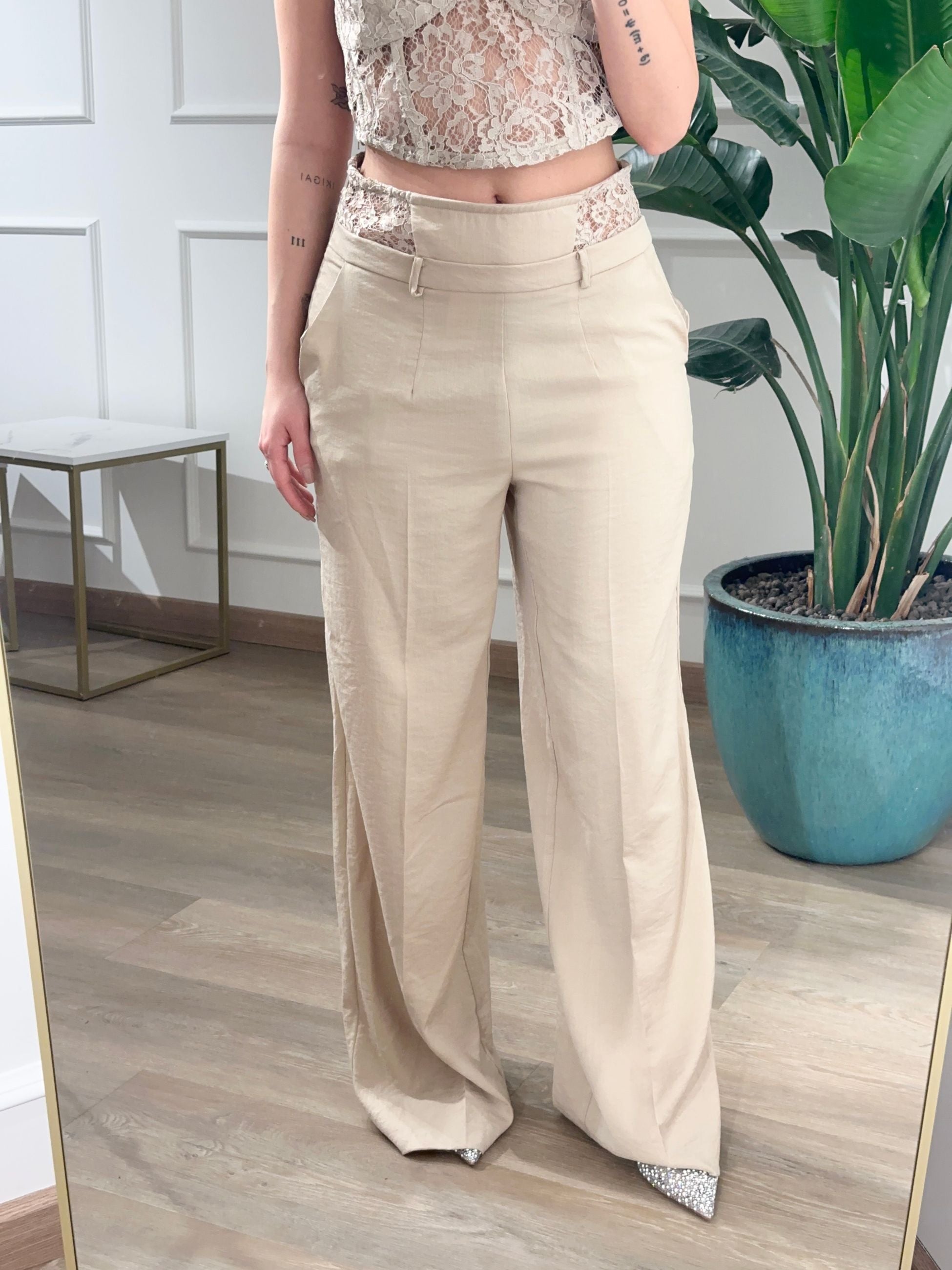 Haveone Pantalone Palazzo con Pizzo 
Beige