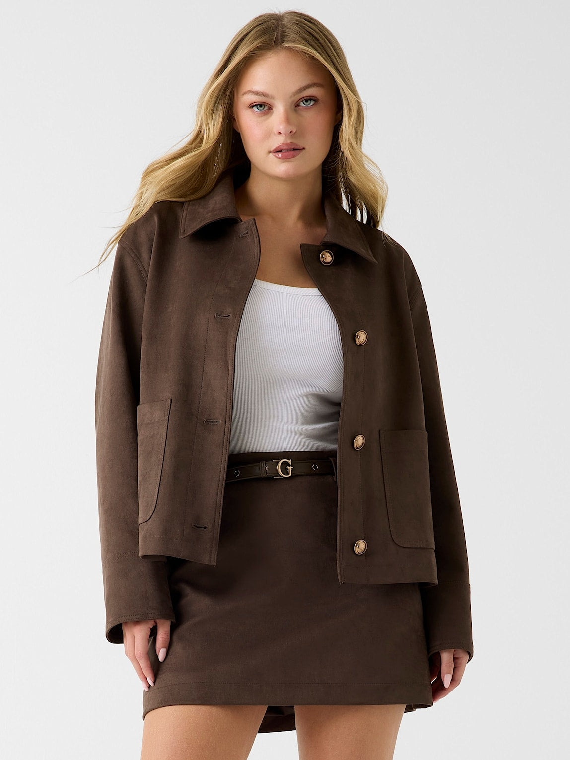 Guess Giacca in Finta Pelle Scamosciata Marrone