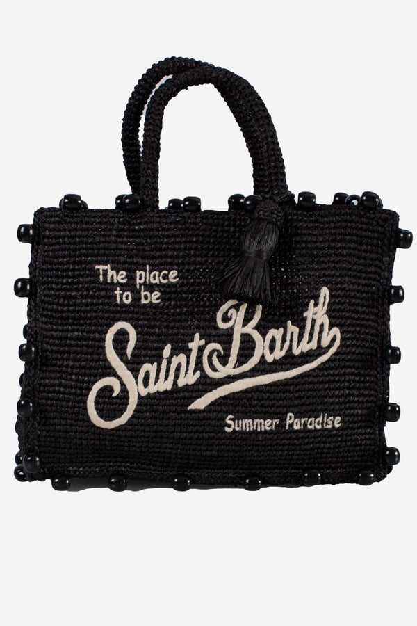 Saint Barth Borsa Colette in Rafia Nero con Perline e Logo Ricamato