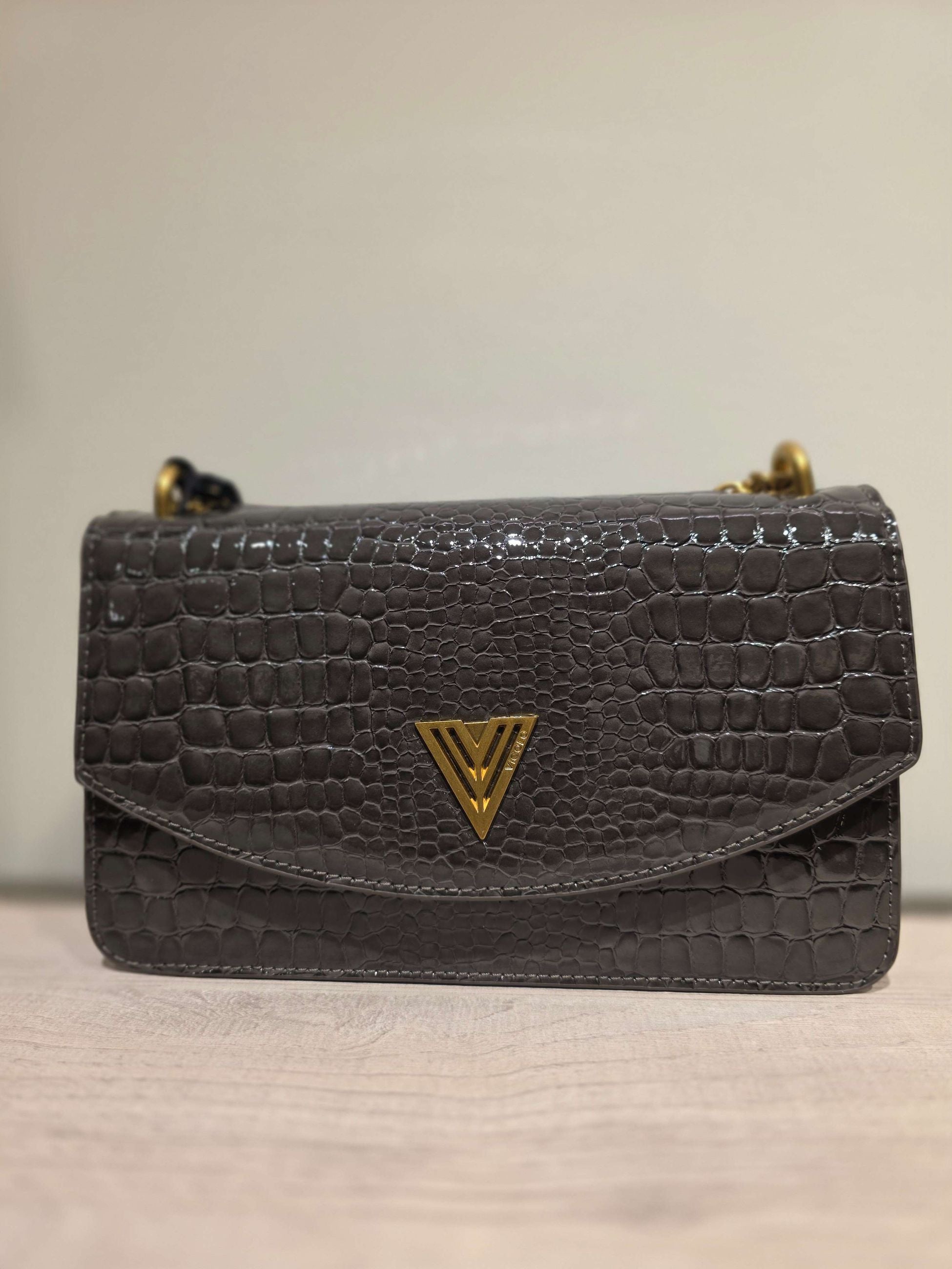 Vicolo Borsa a Tracolla Croco con Logo V Metal