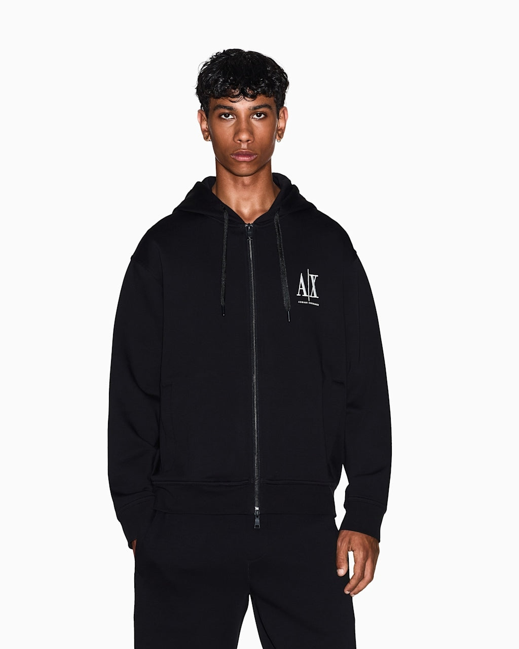 Armani Exchange Felpa con Cappuccio e Logo in Cotone Stretch Icon Nero