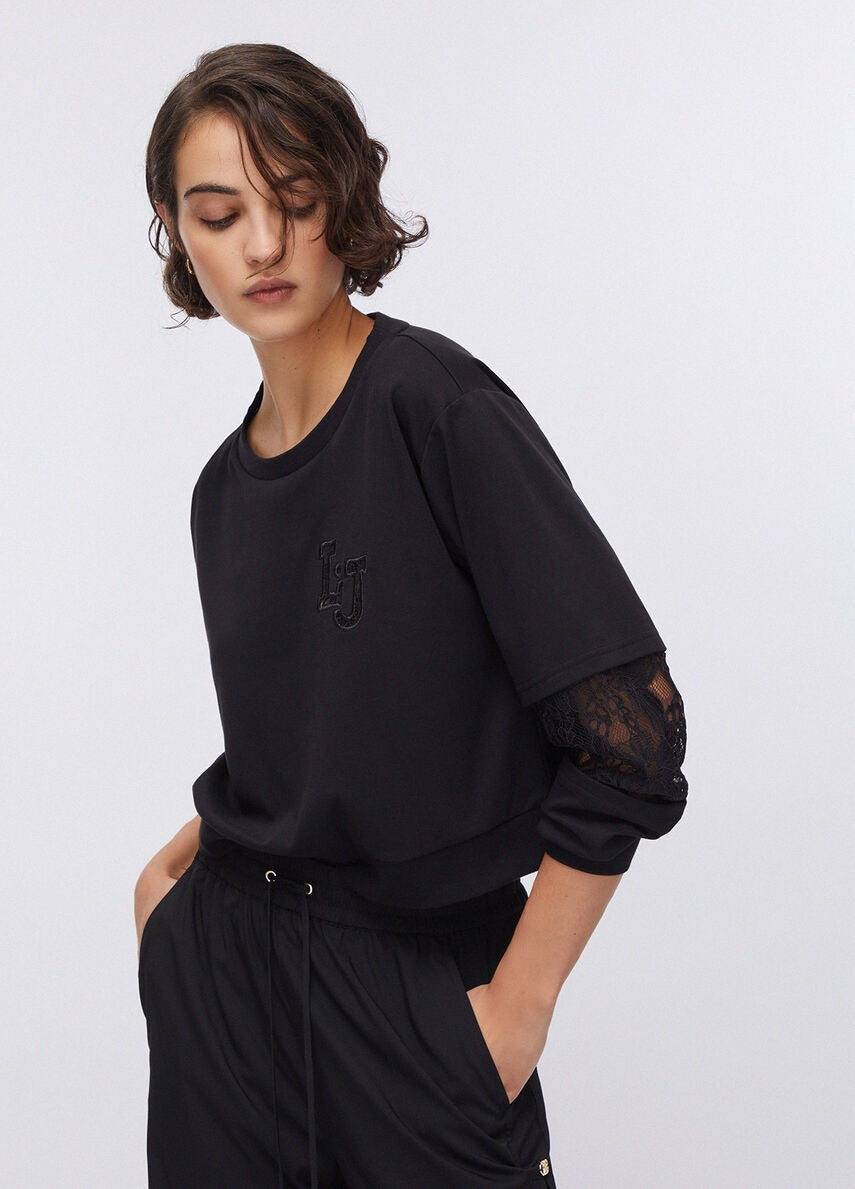 Liu Jo Felpa con Inserti in Pizzo 
Nero