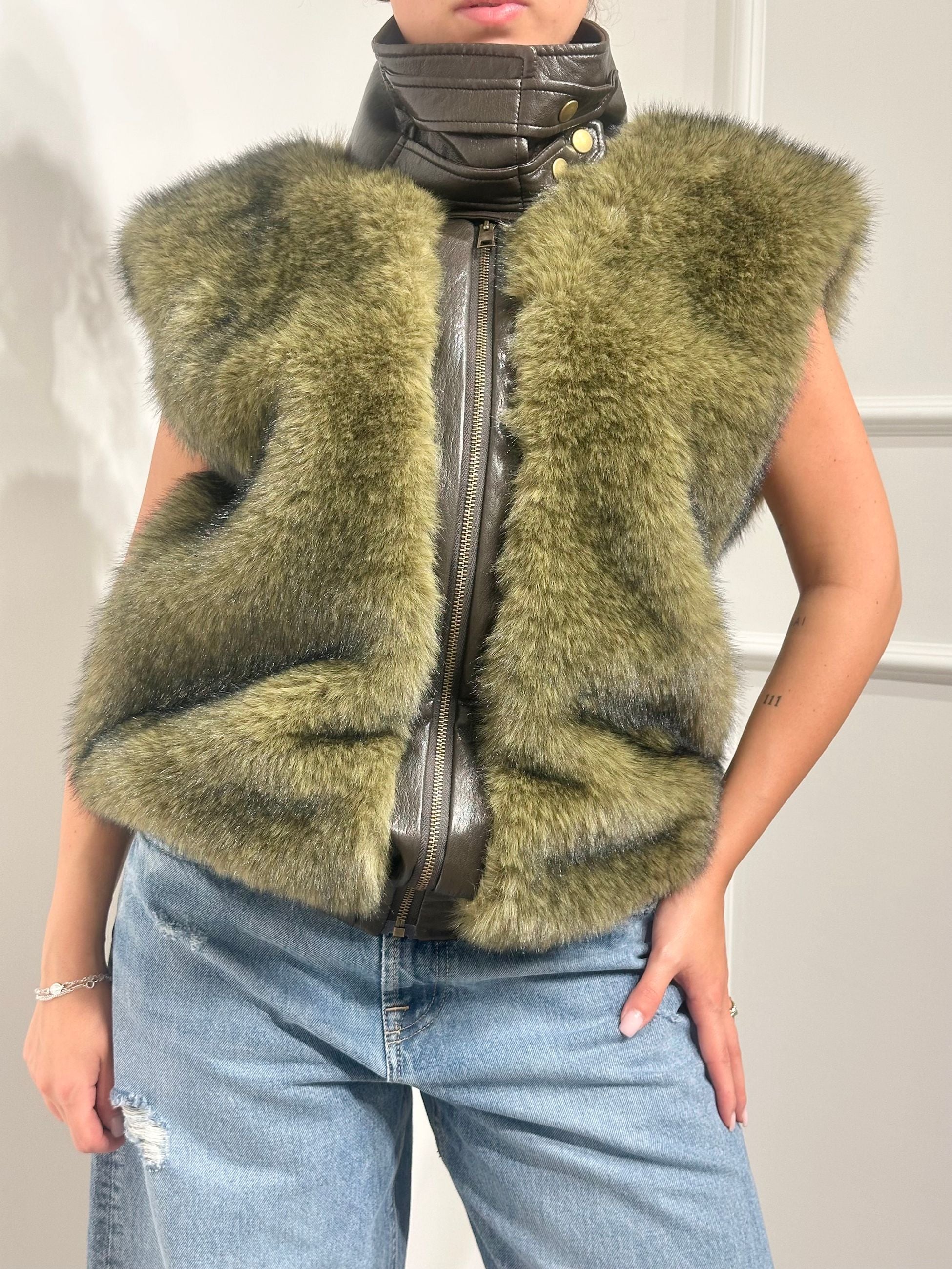 Haveone Gilet in Pelliccia Verde Militare