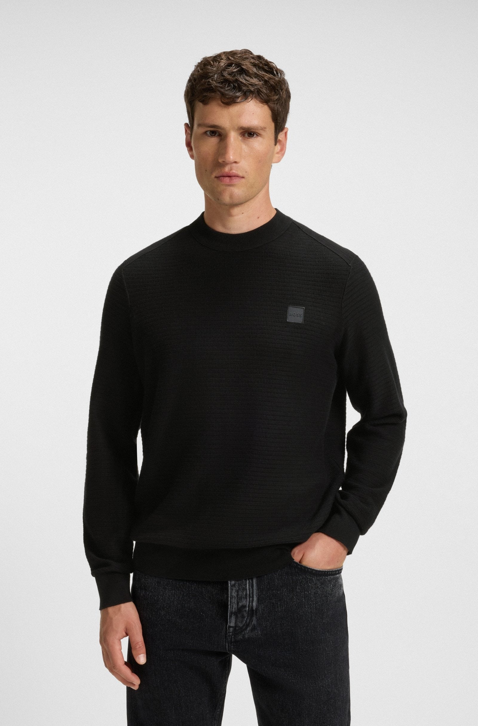 Boss Maglione Strutturato in Cotone e Cashmere con Toppa con Logo