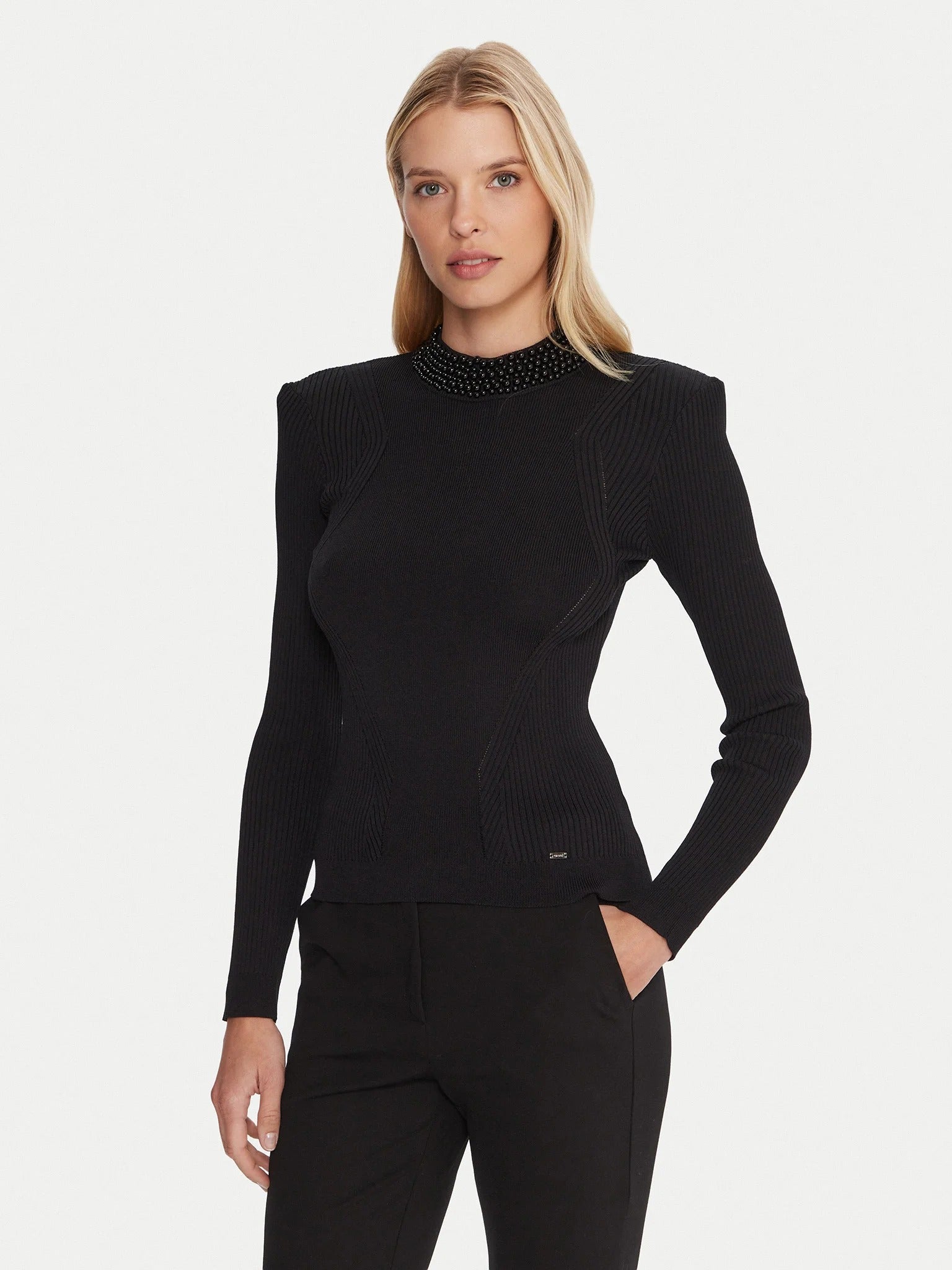 Gaudi Maglia in Filato con Collo in Perle Nero