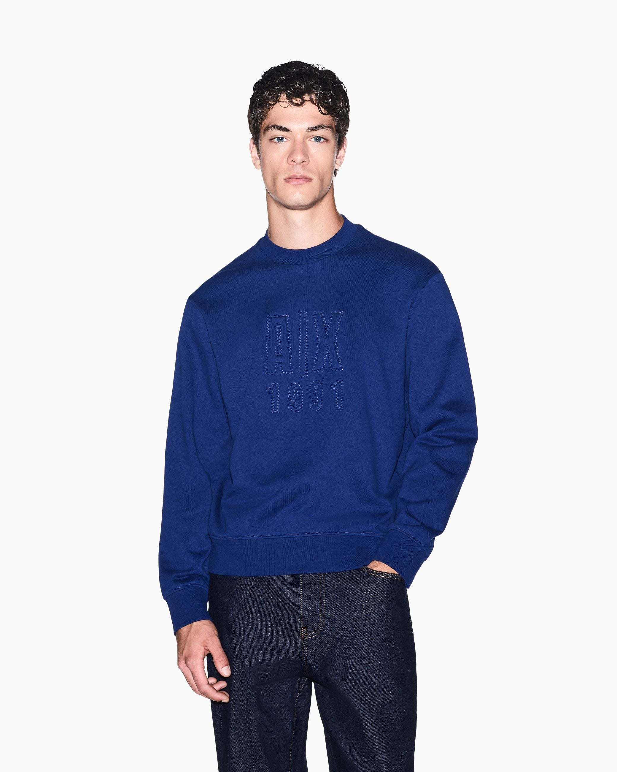 Armani Exchange Felpa Regular Fit in Cotone French Terry Blù