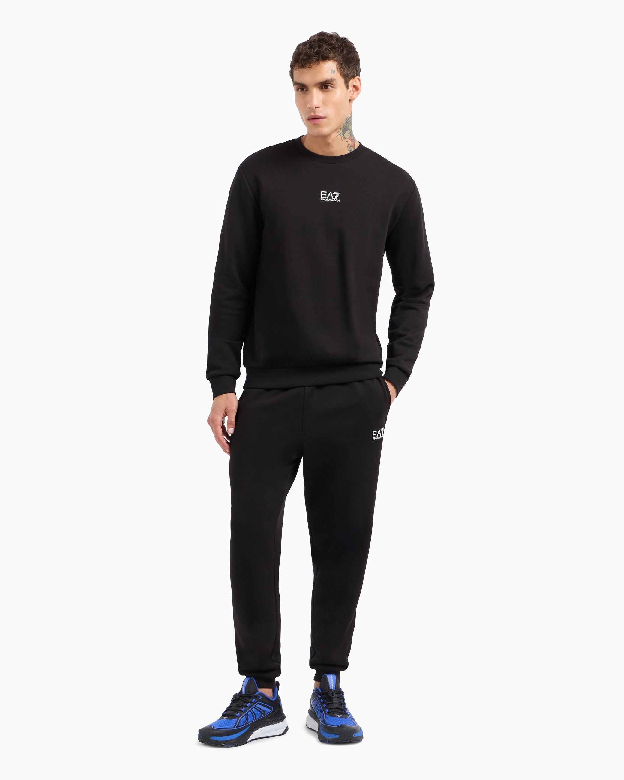 Armani Ea7 Tuta in Misto Cotone con Felpa Girocollo e Jogger Core Identity Nero
