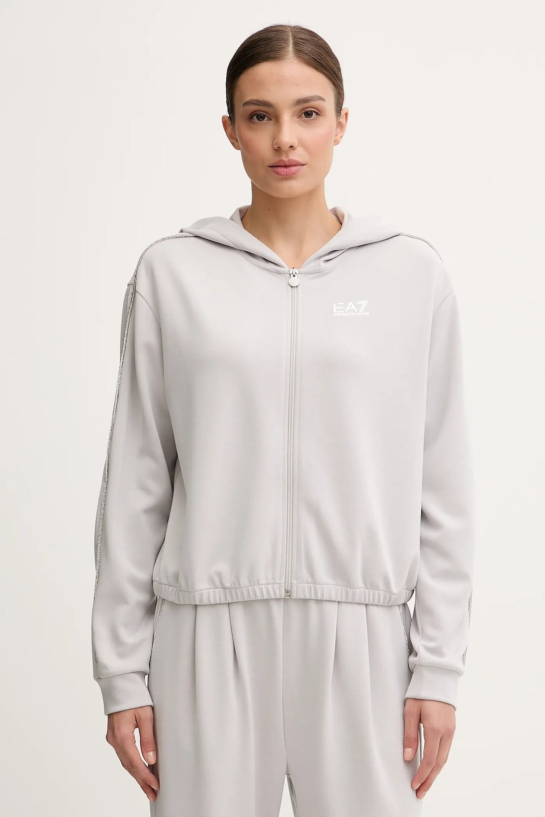 Armani EA7 Felpa Full Zip con Dettagli Strass Grigio